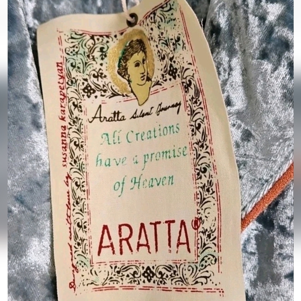 Aratta Silent Journey Crushed Velvet Smoking Jacket Blue Embroidered Belted S - Picture 3 of 12